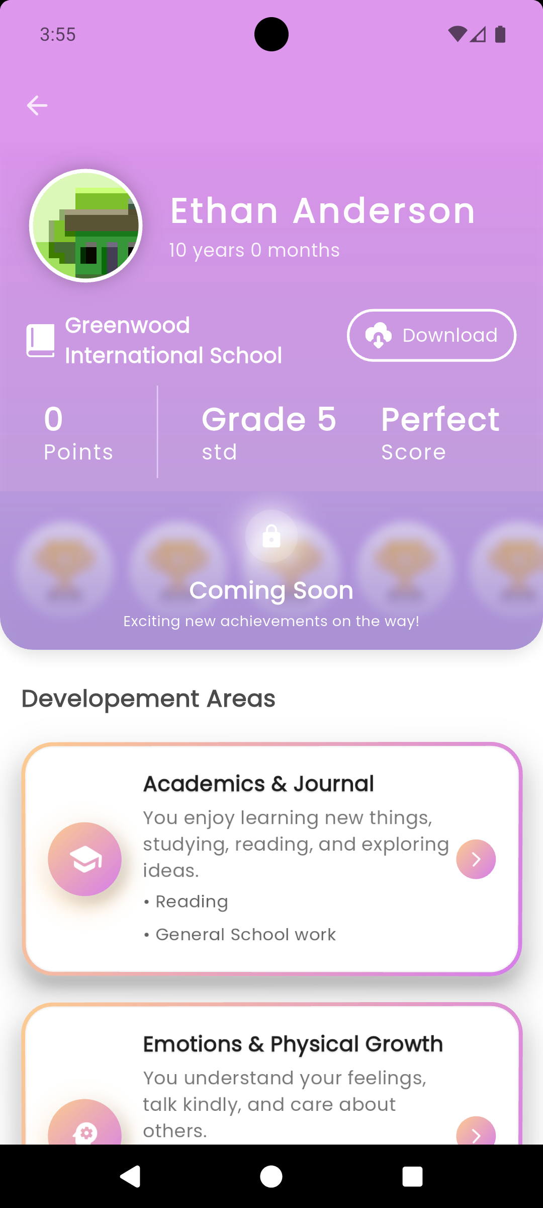 Digital child portfolio with milestones and achievements dashboard